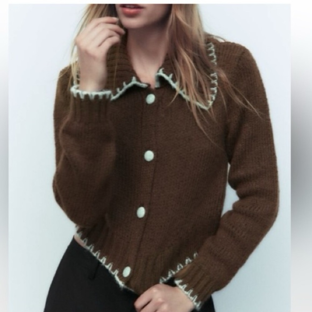 ZARA CONTRAST TOPSTITCHING KNIT CARDIGAN, sz XL